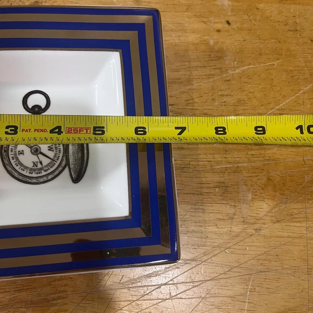 C. Wonder Tory Burch Compass Trinket Tray Navy Gold Striped Porcelain Dish Vtg